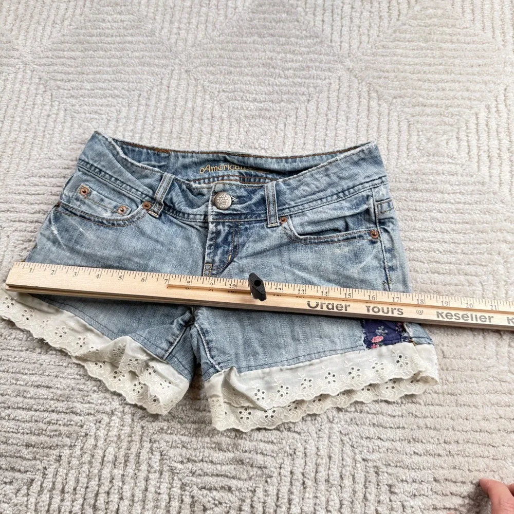 American Eagle Denim Shorts Womens 2 Long Boho Lace Distressed Festival VTG Y2K